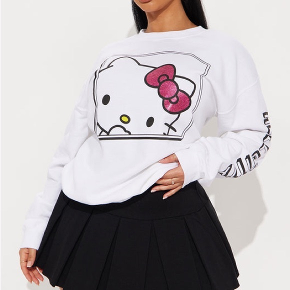 Sanrio Hello Kitty Glitter Crew Neck Long Sleeve Sweatshirt - White size S - Picture 9 of 14